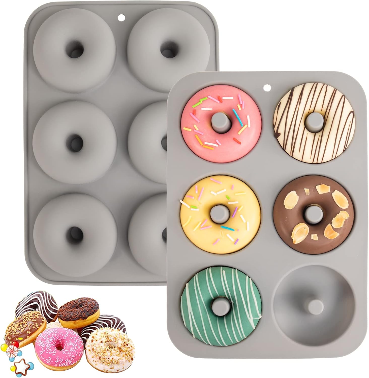 Aichoof Silicone Donut Pan with baked donuts on a kitchen counter