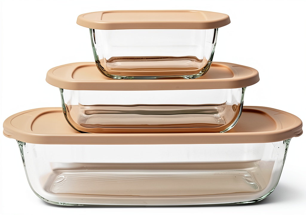 Amazon Basics glass bakeware set displayed on a kitchen counter