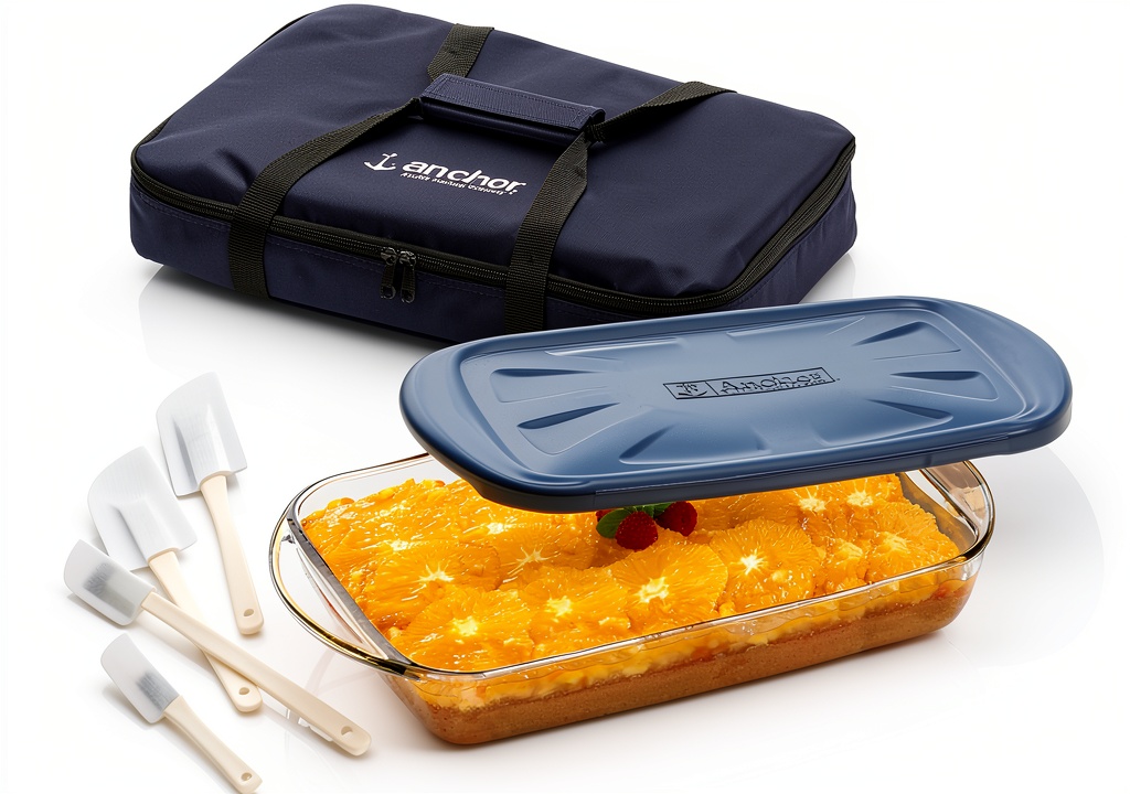 Anchor Hocking Glass Baking Dish 3 Quart Oven Safe on a kitchen counter with lid and tote