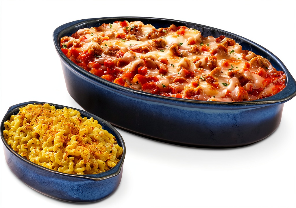 Emeril Lagasse stoneware baking dish set in blue on a kitchen counter