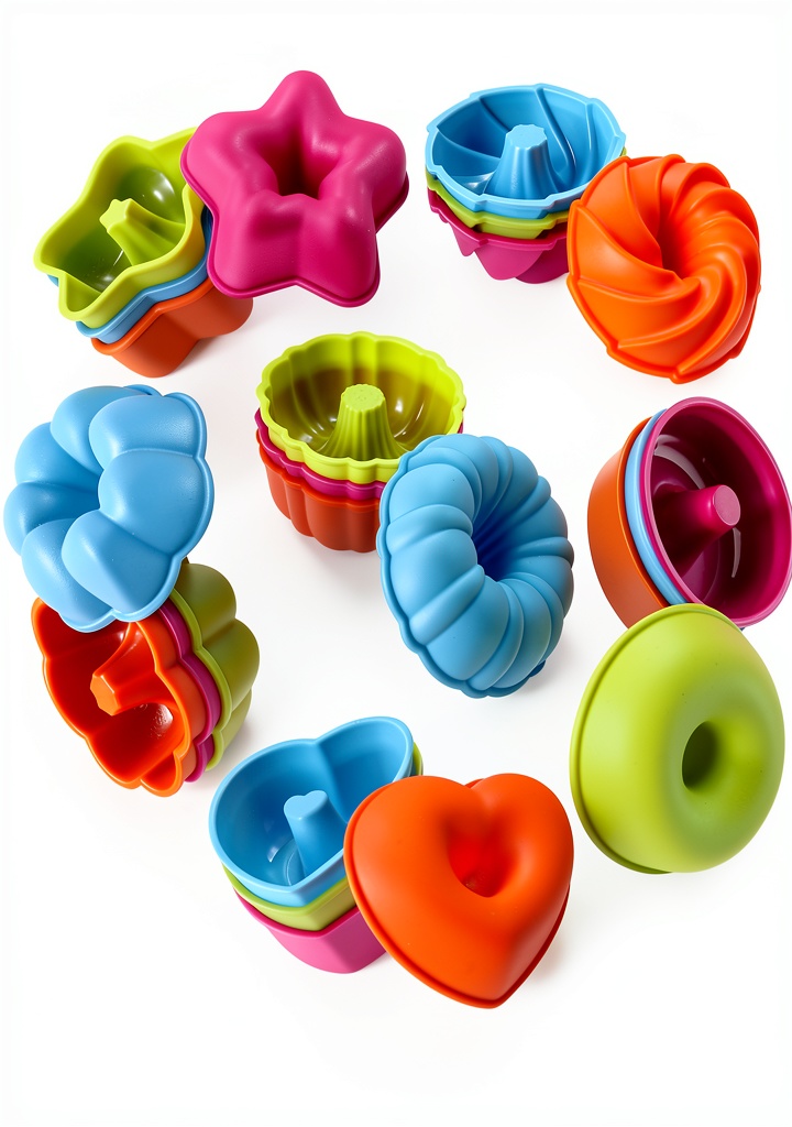 To Encounter silicone donut pans in blue, green, orange, and pink colors on a baking sheet