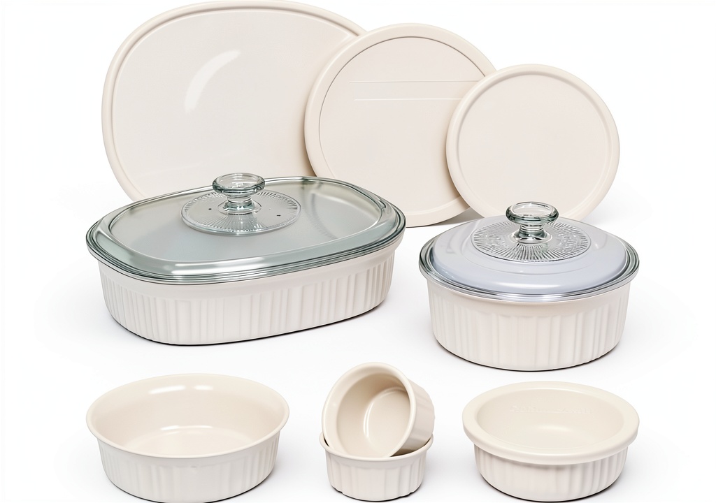 CorningWare ceramic bakeware set displayed on a kitchen counter