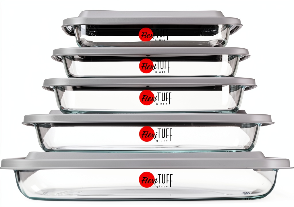 Glass bakeware set displayed on a kitchen counter