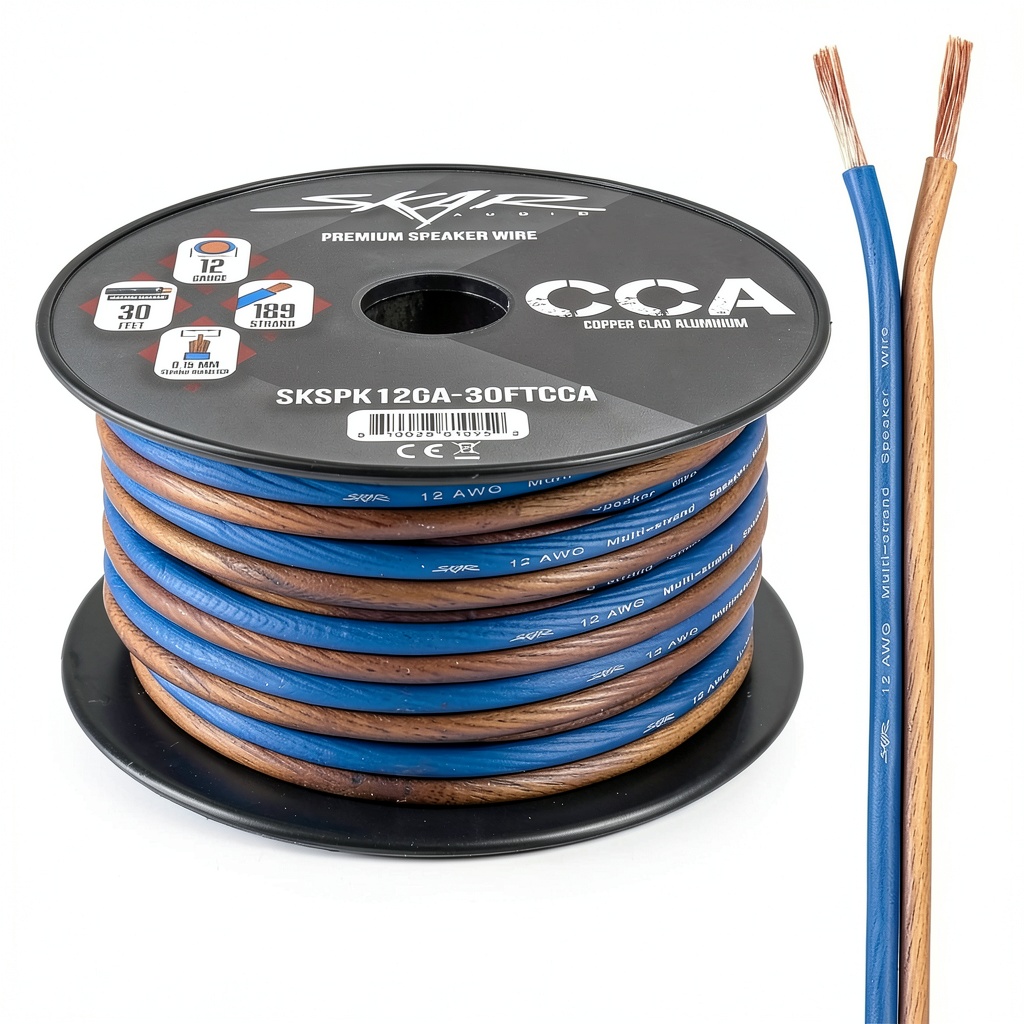 Skar Audio 12 AWG speaker wire coiled on a garage floor