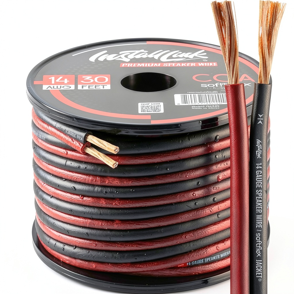 Installing Install Link Frosted Red 14 Gauge Speaker Wire on a wooden desk